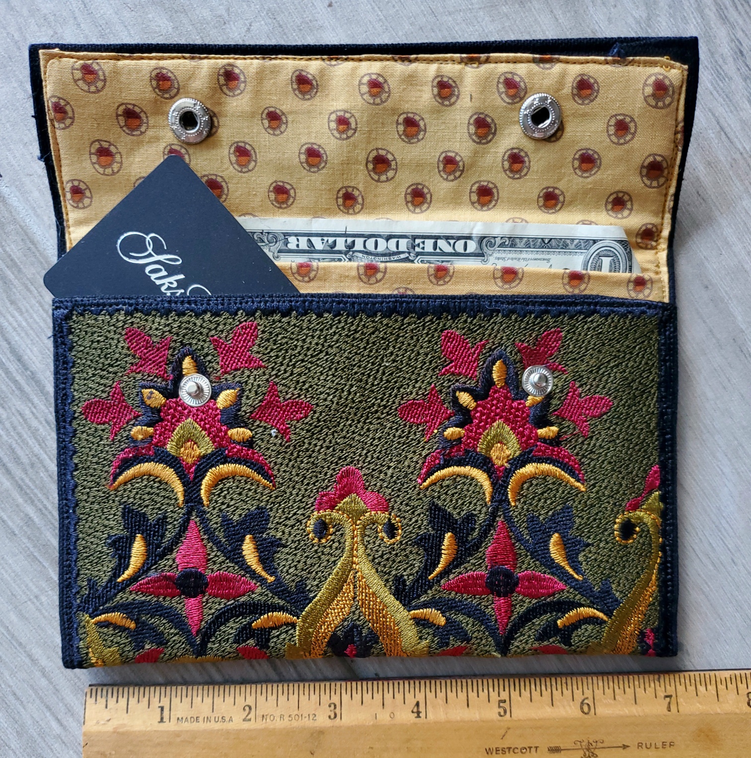 large-tapestry-embroidered-mustard-burgundy-wallet-open-Jen's-Bag-embroidered-bag